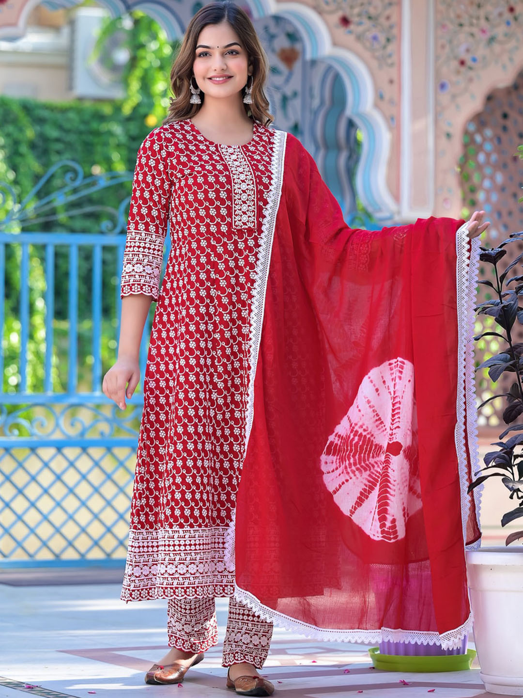 

Chandbaali Floral Embroidered Chikankari Pure Cotton Kurta with Trousers & Dupatta, Red