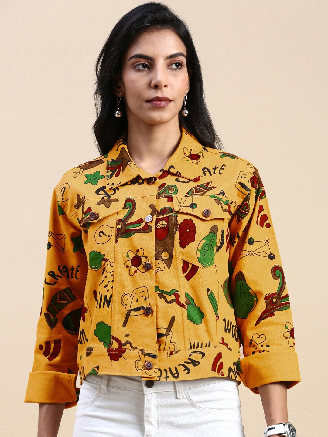

VOXATI Women Floral Crop Tailored Jacket with Embroidered, Yellow