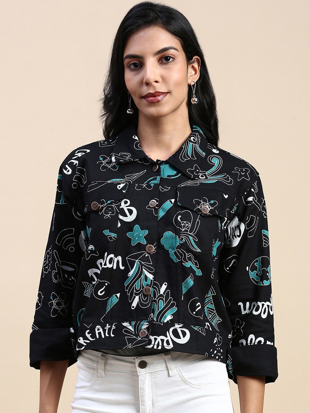 

VOXATI Women Crop Bomber Jacket, Black