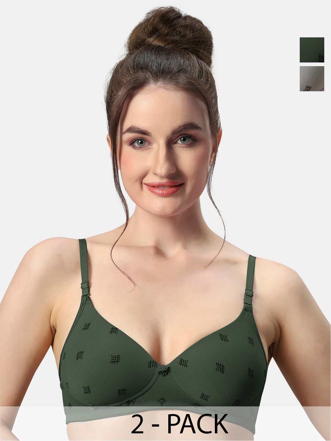 

Sonari Avani Pack Of 2 Geometric Printed Lightly Padded T-shirt Bras- All Day Comfort, Green