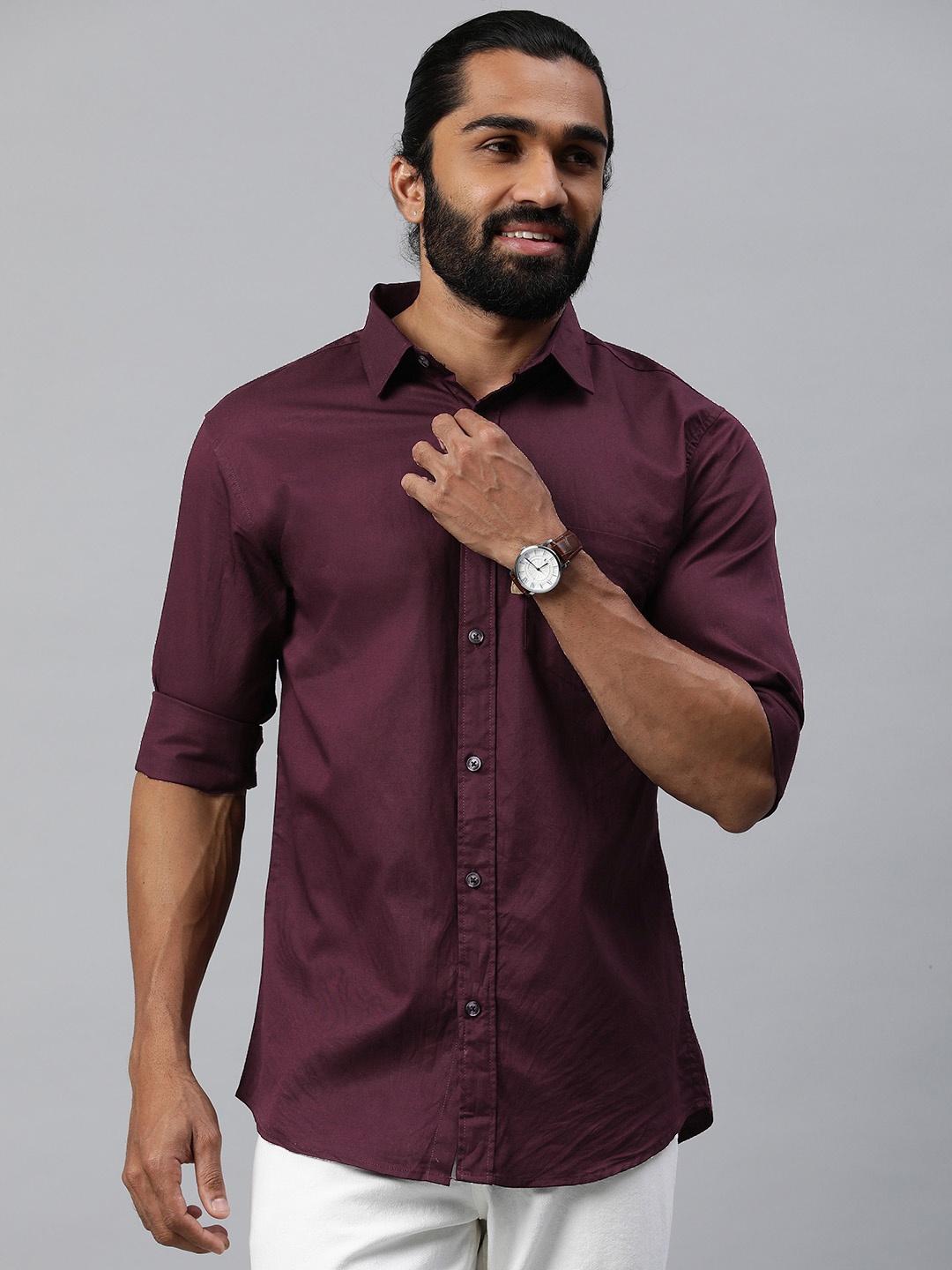 Majestic Man Comfort Slim Fit Opaque Cotton Casual Shirt, Burgundy