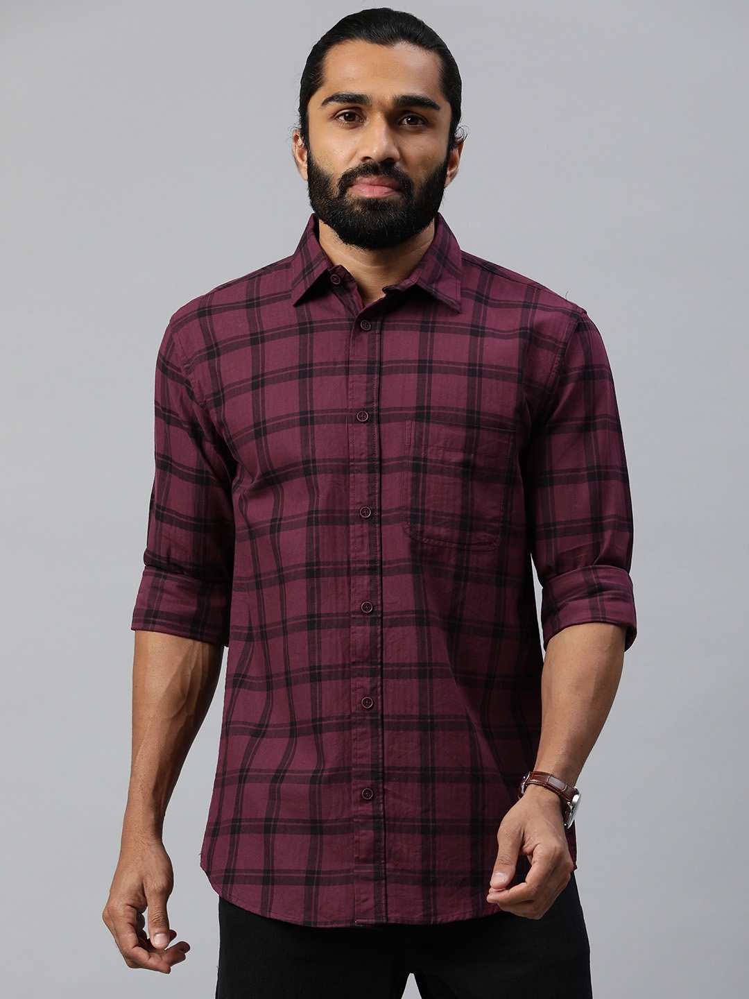 

Majestic Man Comfort Slim Fit Tartan Checked Cotton Casual Shirt, Burgundy