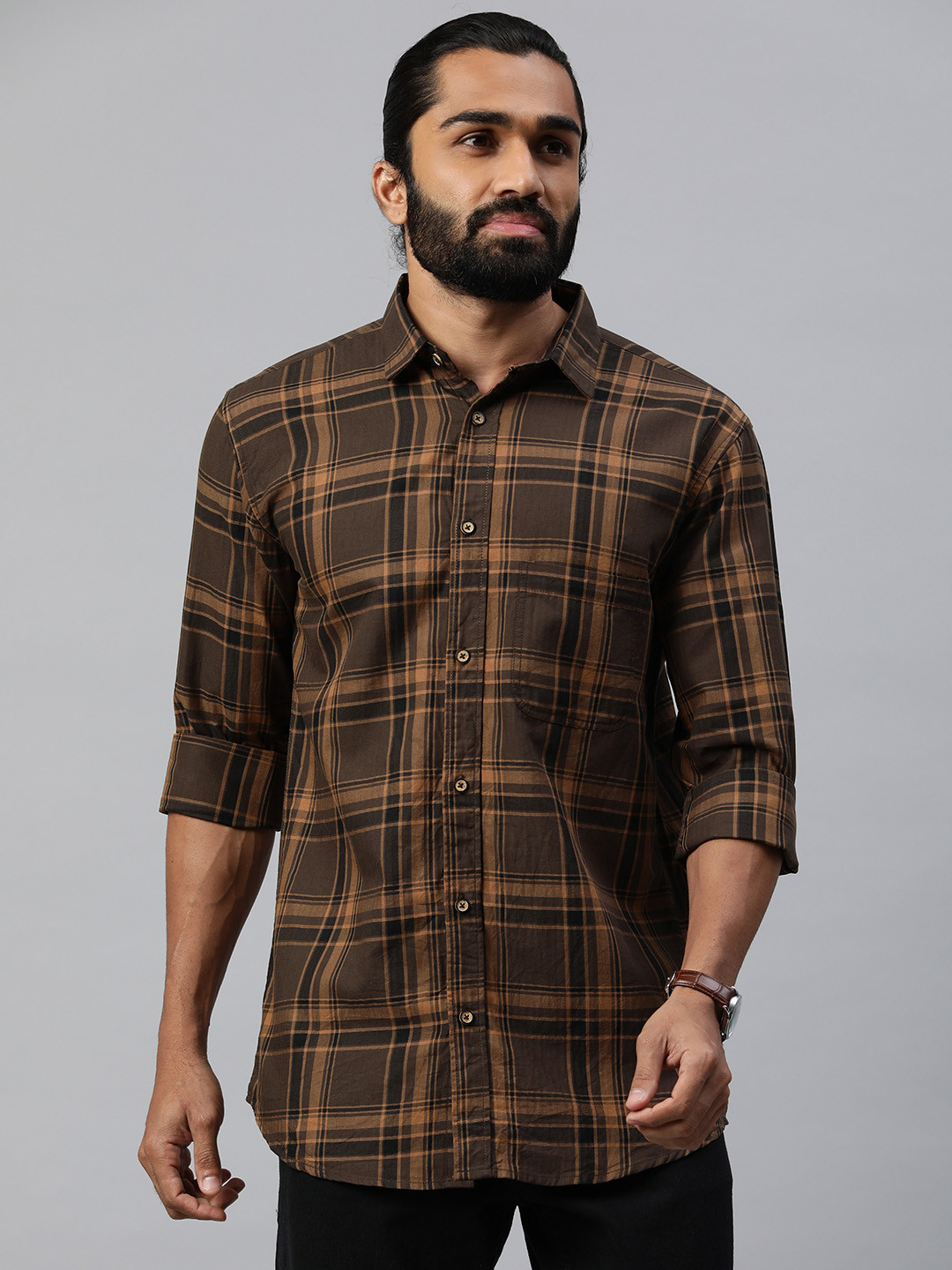 

Majestic Man Comfort Slim Fit Tartan Checked Cotton Casual Shirt, Brown