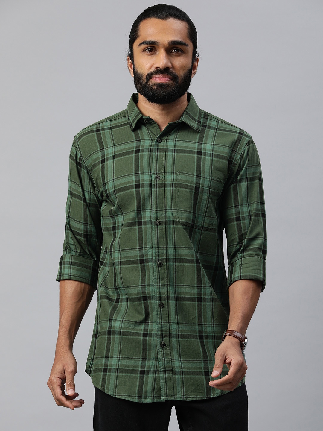 

Majestic Man Comfort Slim Fit Tartan Checked Cotton Casual Shirt, Green