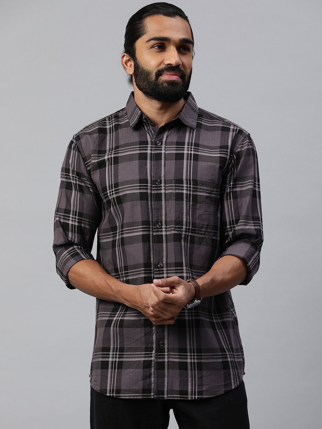

Majestic Man Comfort Slim Fit Tartan Checked Cotton Casual Shirt, Grey