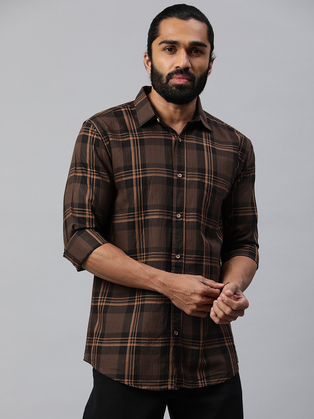 

Majestic Man Comfort Slim Fit Tartan Checked Cotton Casual Shirt, Brown