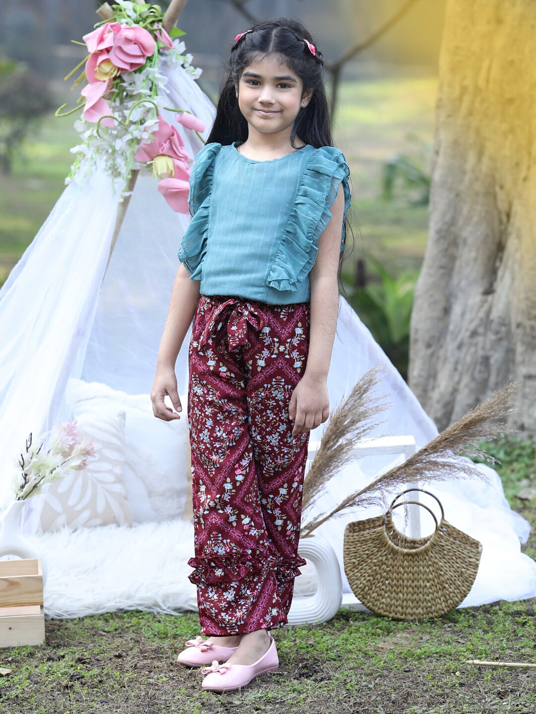 

Cutiekins Girls Round Neck Top with Trousers, Teal