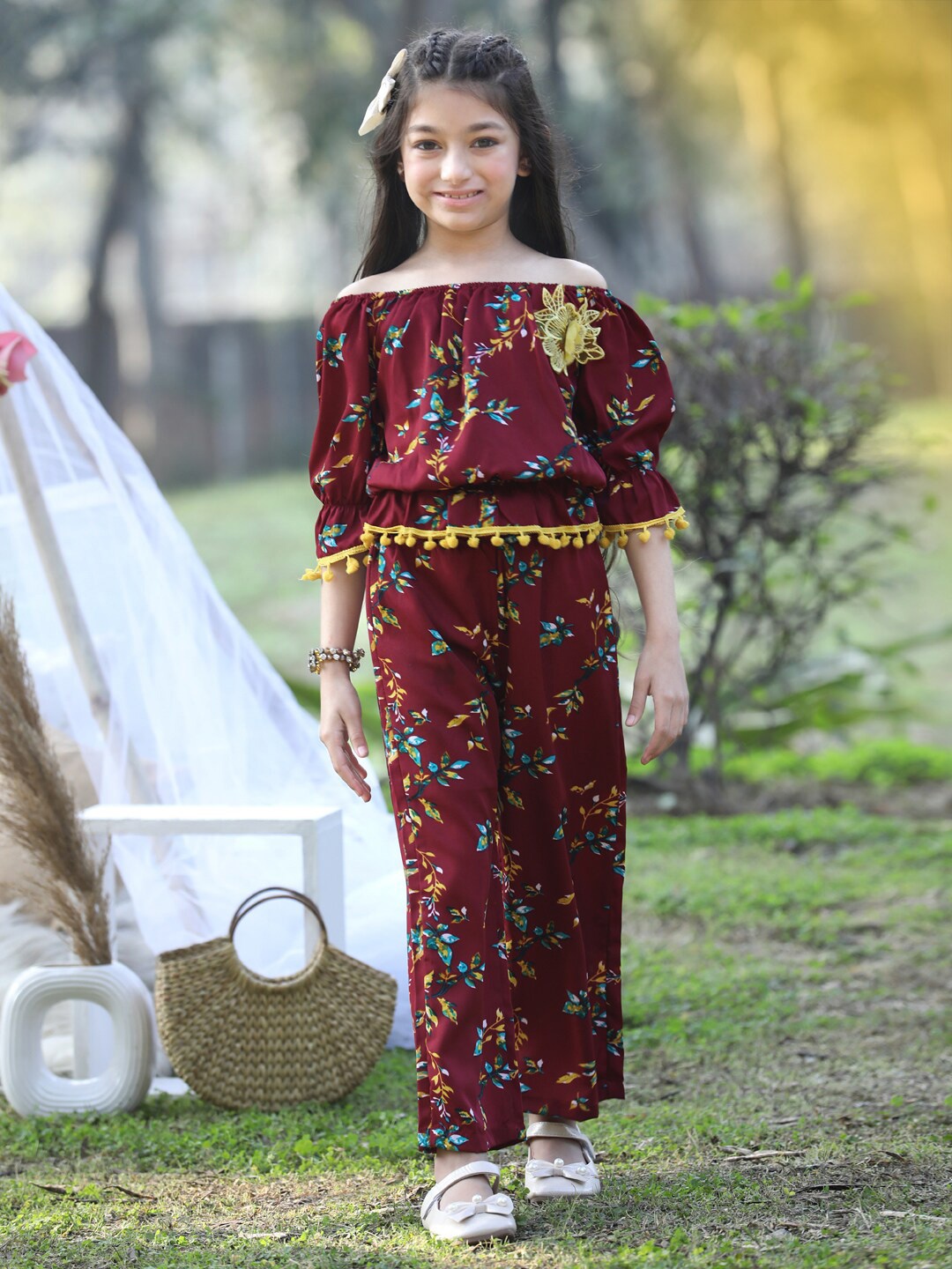

Cutiekins Girls Printed Off-Shoulder Crop Top with Trousers, Maroon