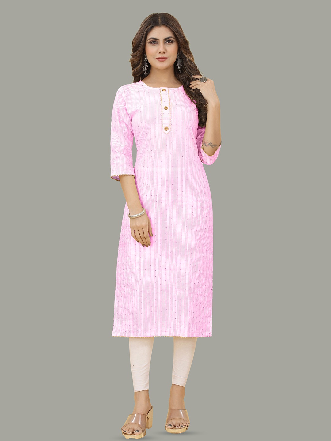 

Hinaya Striped Round Neck Sequinned Kurta, Pink