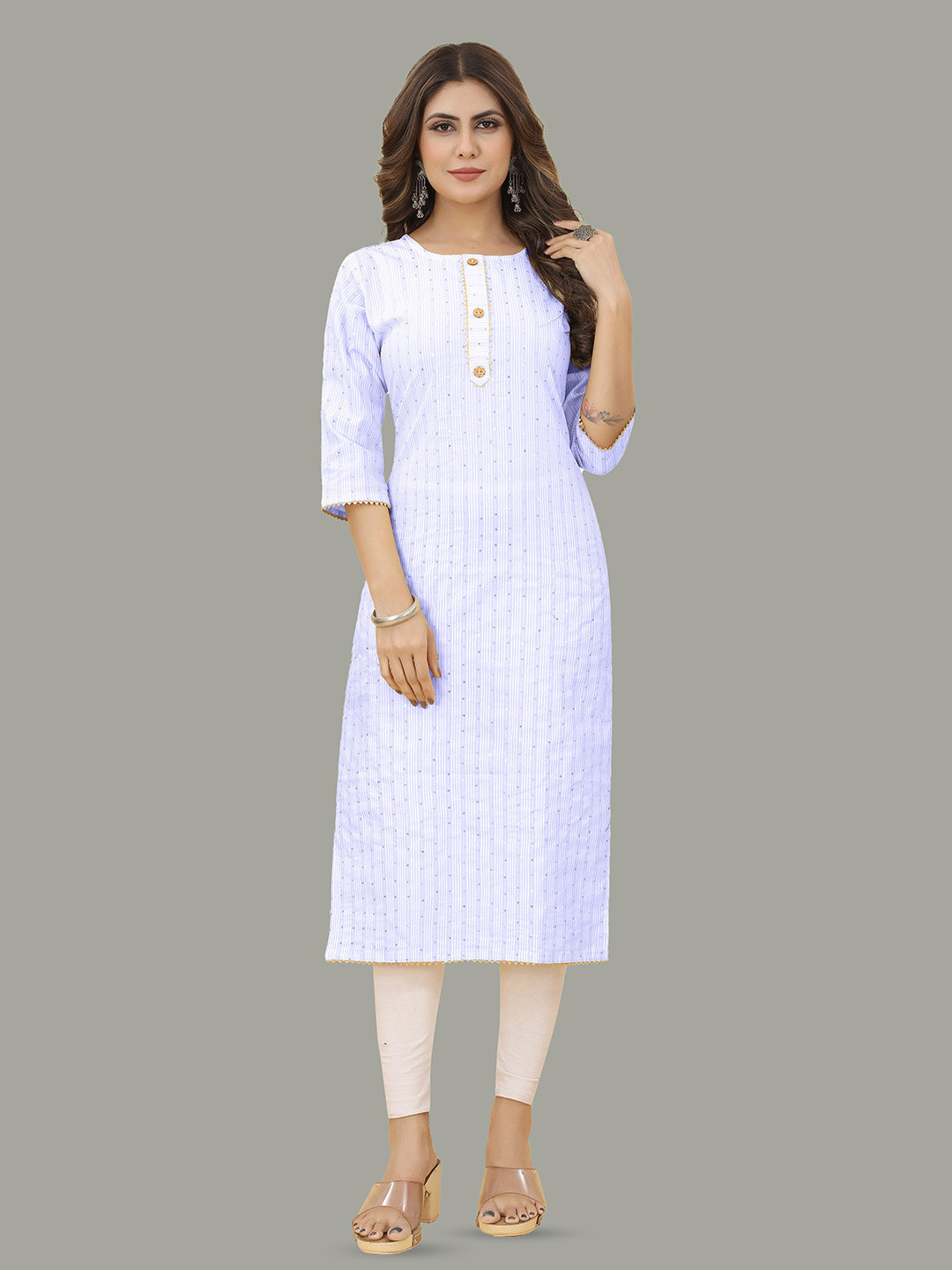 

Hinaya Striped Sequinned Straight Kurta, Turquoise blue