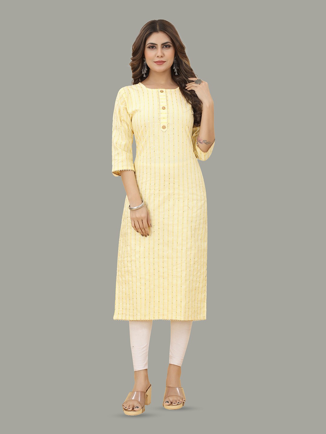

Hinaya Striped Round Neck Sequinned Kurta, Yellow