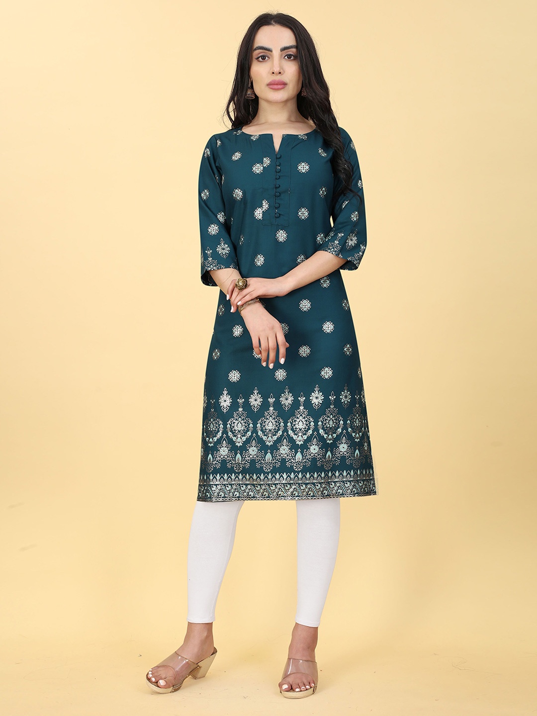

Hinaya Ethnic Motifs Printed Straight Kurta, Turquoise blue