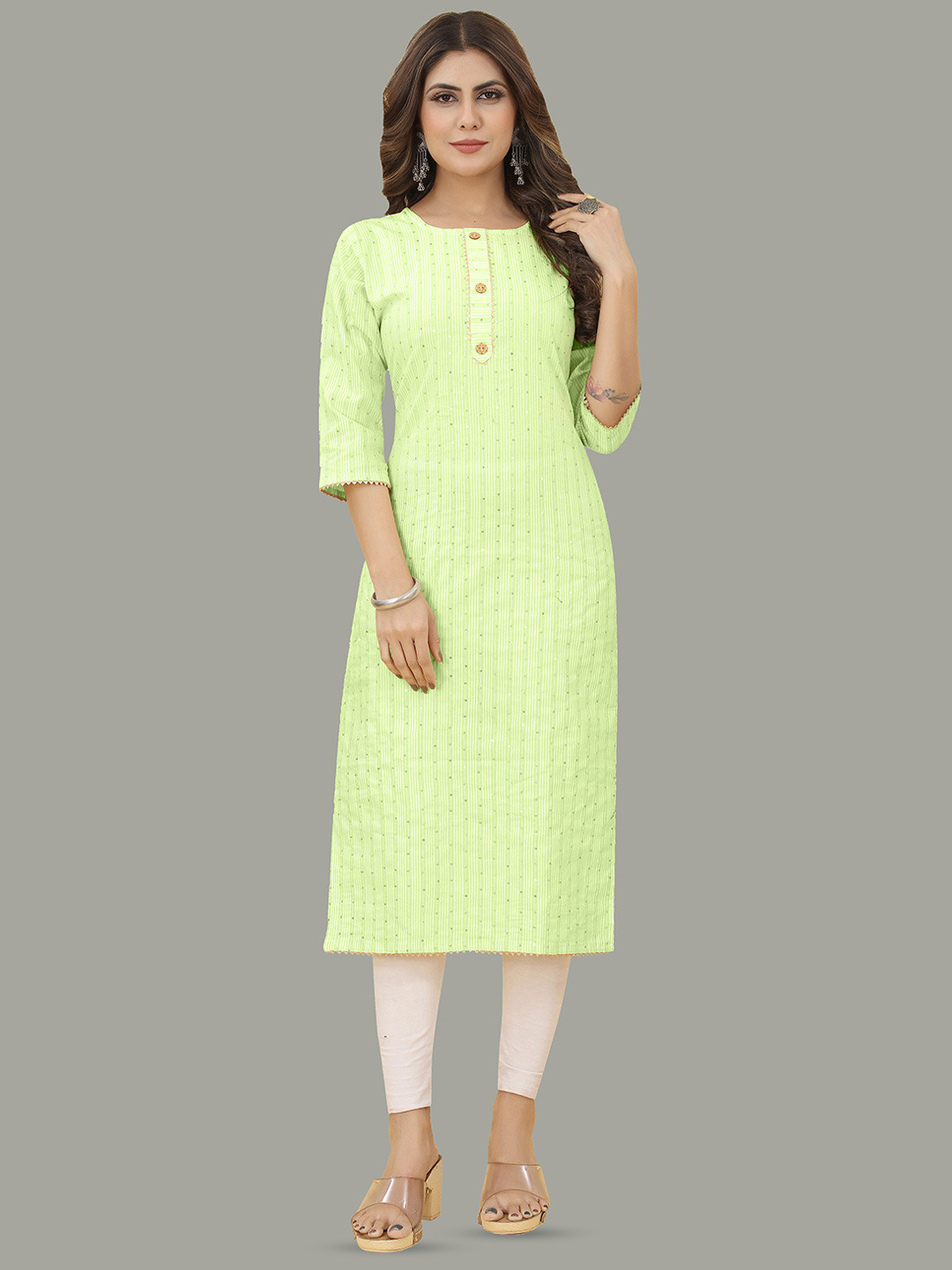 

Hinaya Striped Round Neck Sequinned Kurta, Green