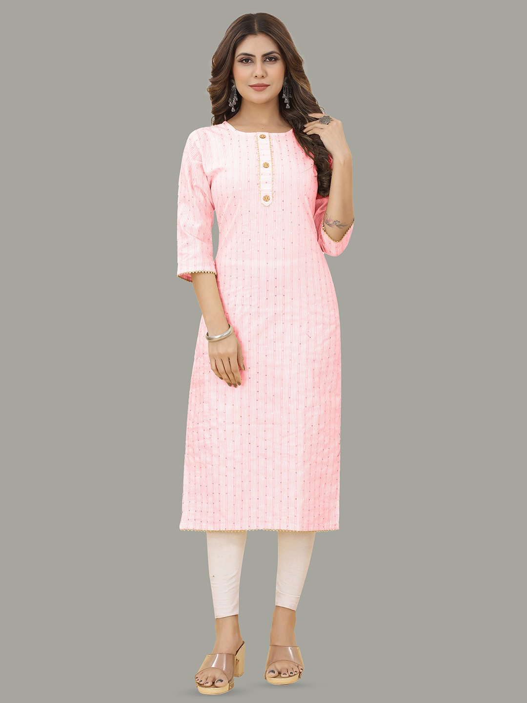 

Hinaya Striped Round Neck Sequinned Kurta, Peach