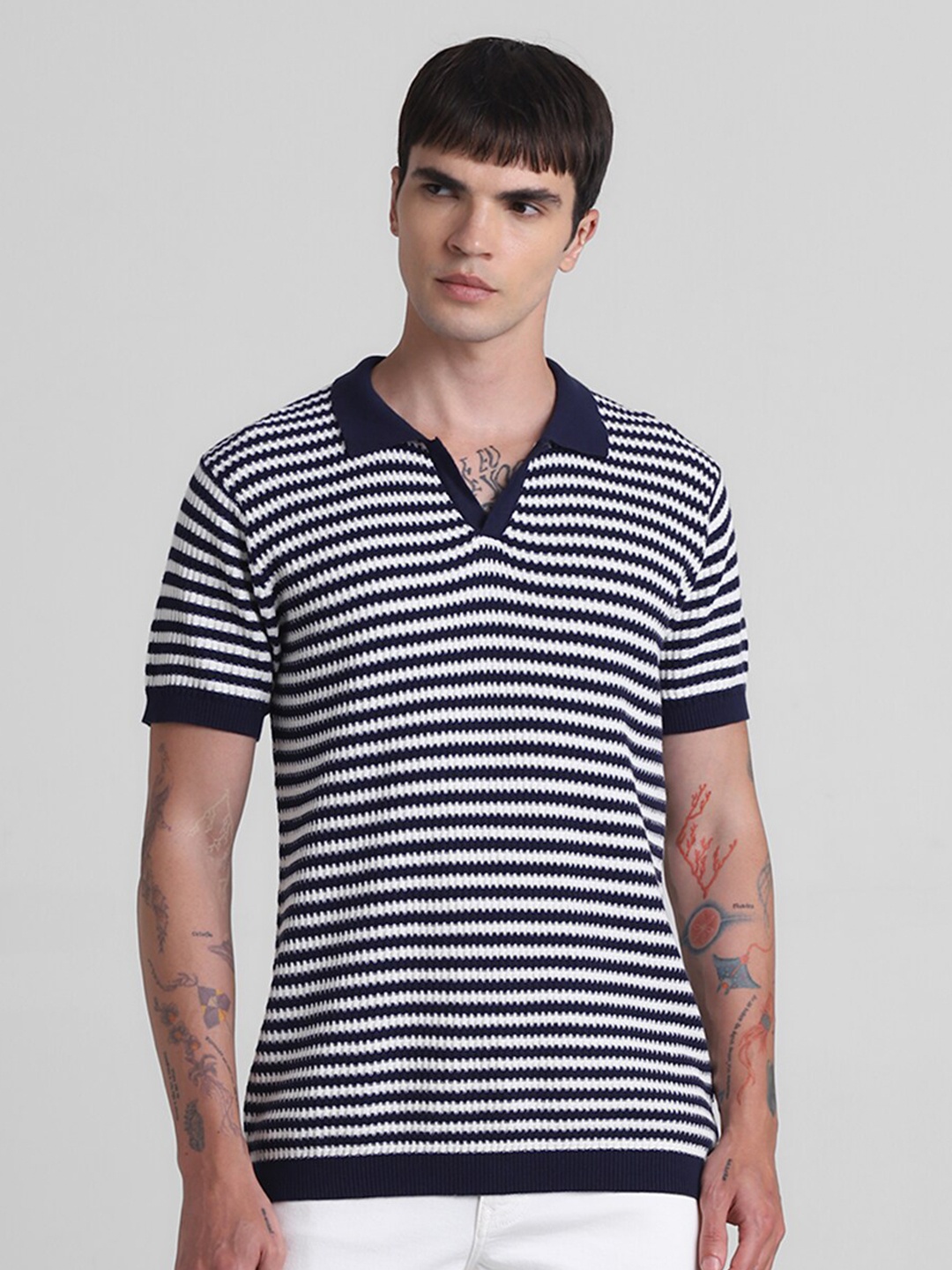 

Jack & Jones Men Striped Polo Collar T-shirt, Navy blue