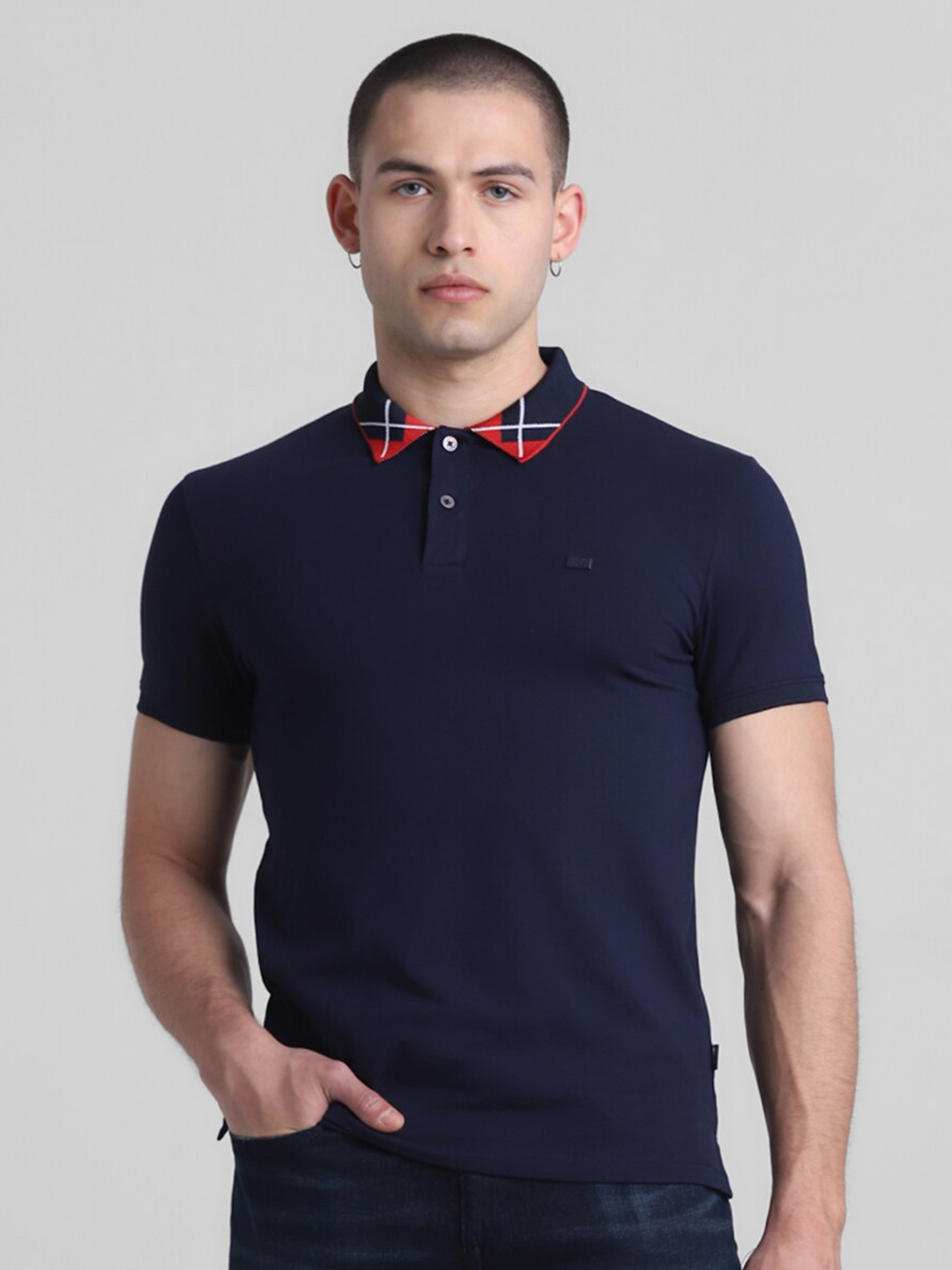

Jack & Jones Men Solid Polo Collar Slim Fit Casual T-shirt, Navy blue
