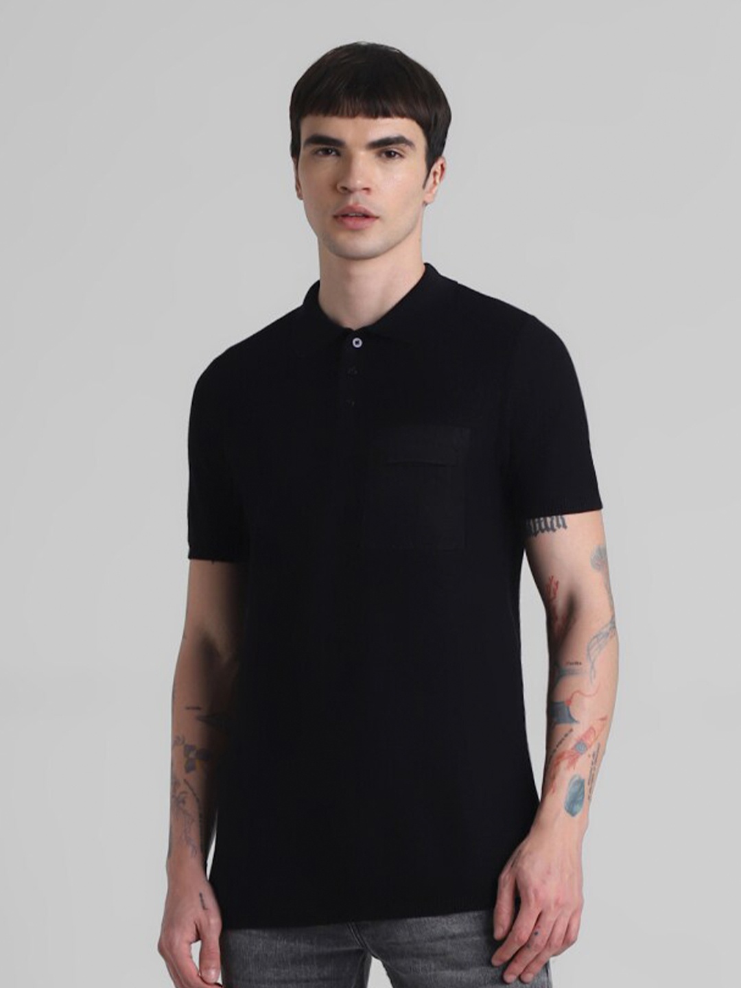 

Jack & Jones Men Pure Cotton Solid Polo Collar Slim Fit Casual T-shirt, Black