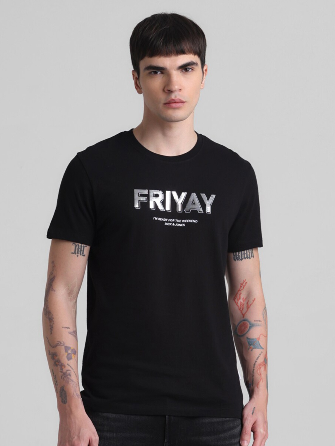

Jack & Jones Men Pure Cotton Printed Slim Fit Casual T-shirt, Black