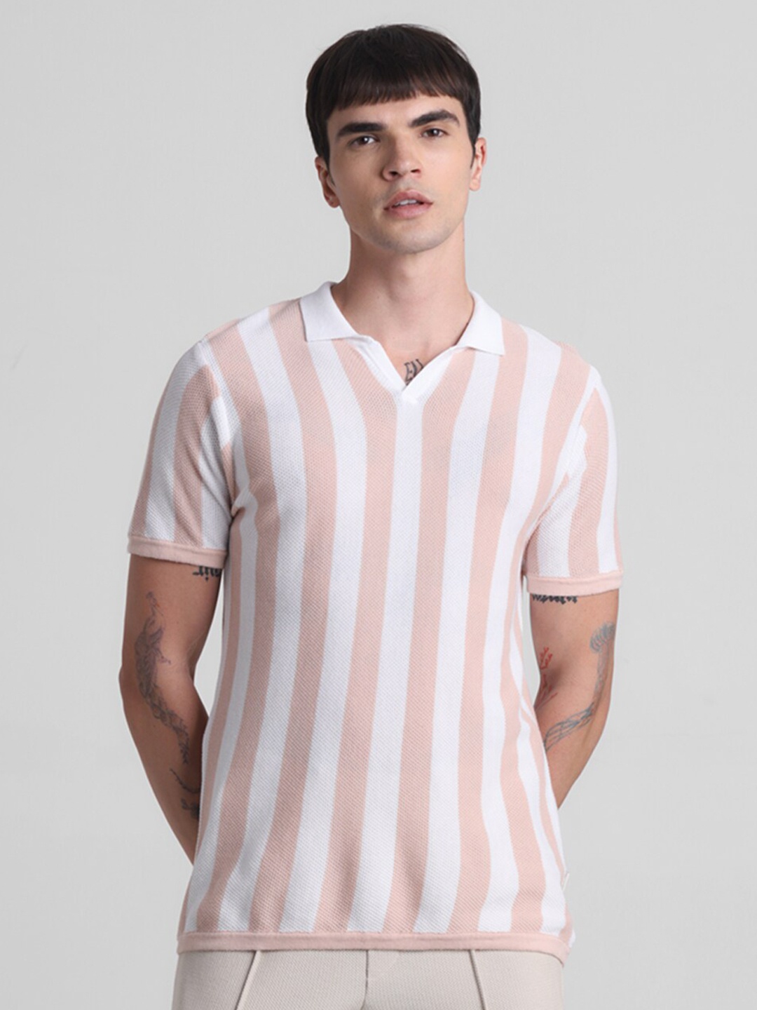 

Jack & Jones Men Pure Cotton Striped T-shirt, White