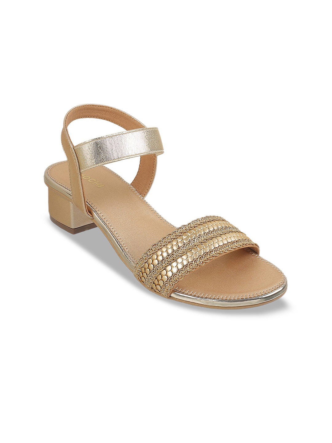 

Mochi Embellished Open Toe Block Heels, Gold