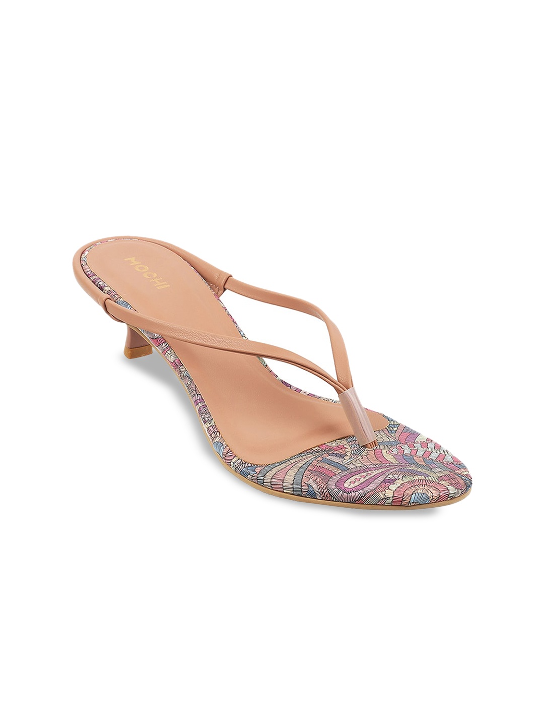 

Mochi Printed Open Toe Kitten Heels, Peach