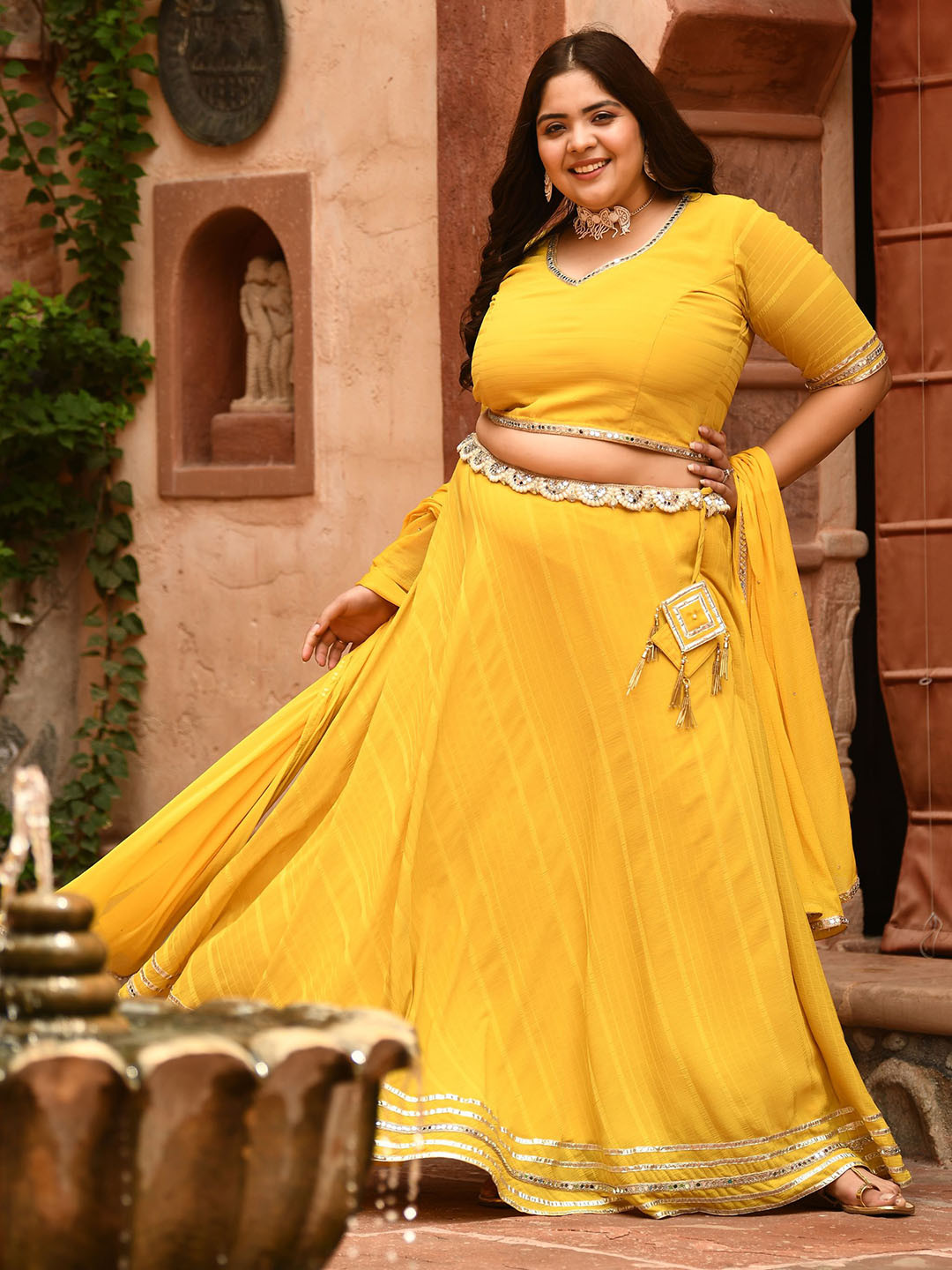 

PrettyPlus by Desinoor.com Mirror Work Ready to Wear Lehenga & Blouse With Dupatta, Yellow