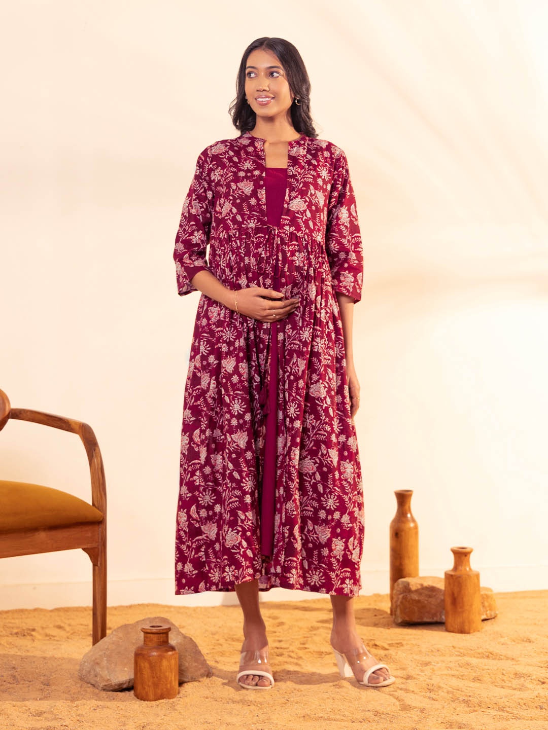 

Janasya Floral Printed Mandarin Collar Maternity Cotton A-Line Midi Dress, Maroon