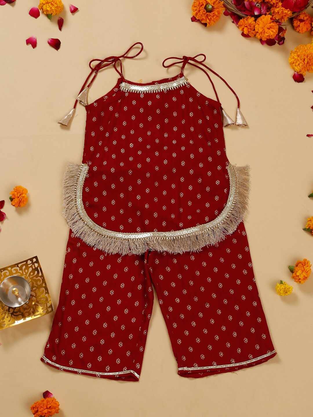 

SAKA DESIGNS Girls Ethnic Motifs Printed Gotta Patti Kurta With Palazzo, Maroon