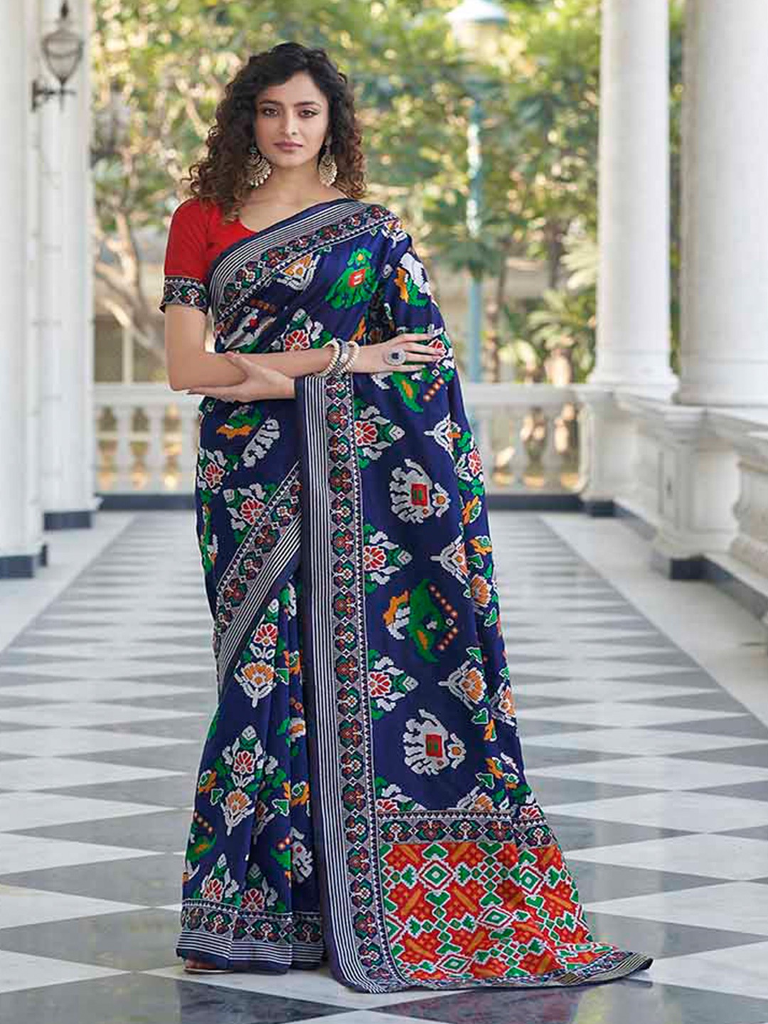 

KALINI Ethnic Motifs Printed Art Silk Patola Saree, Navy blue