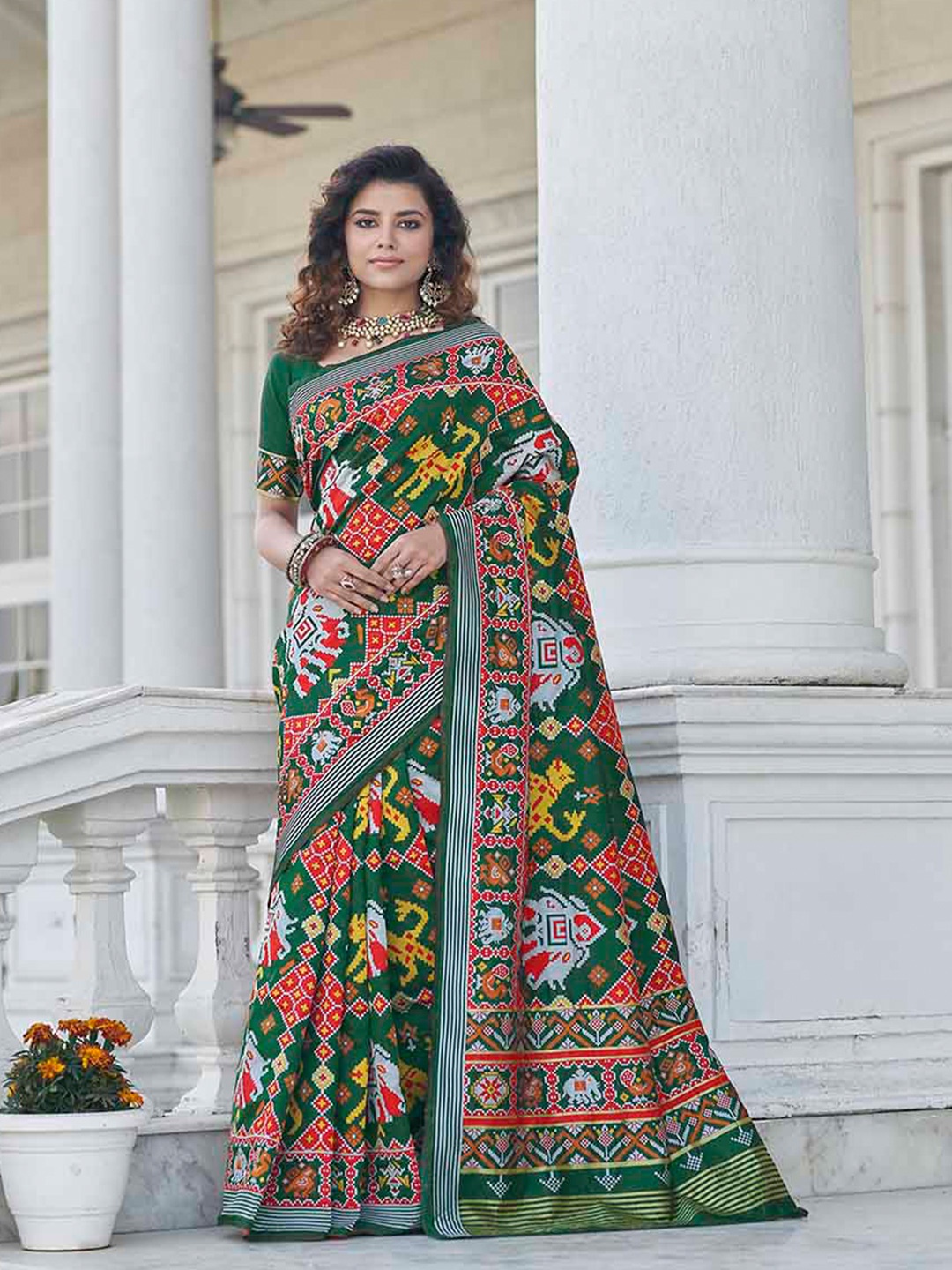 

KALINI Ethnic Motifs Printed Art Silk Patola Saree, Green
