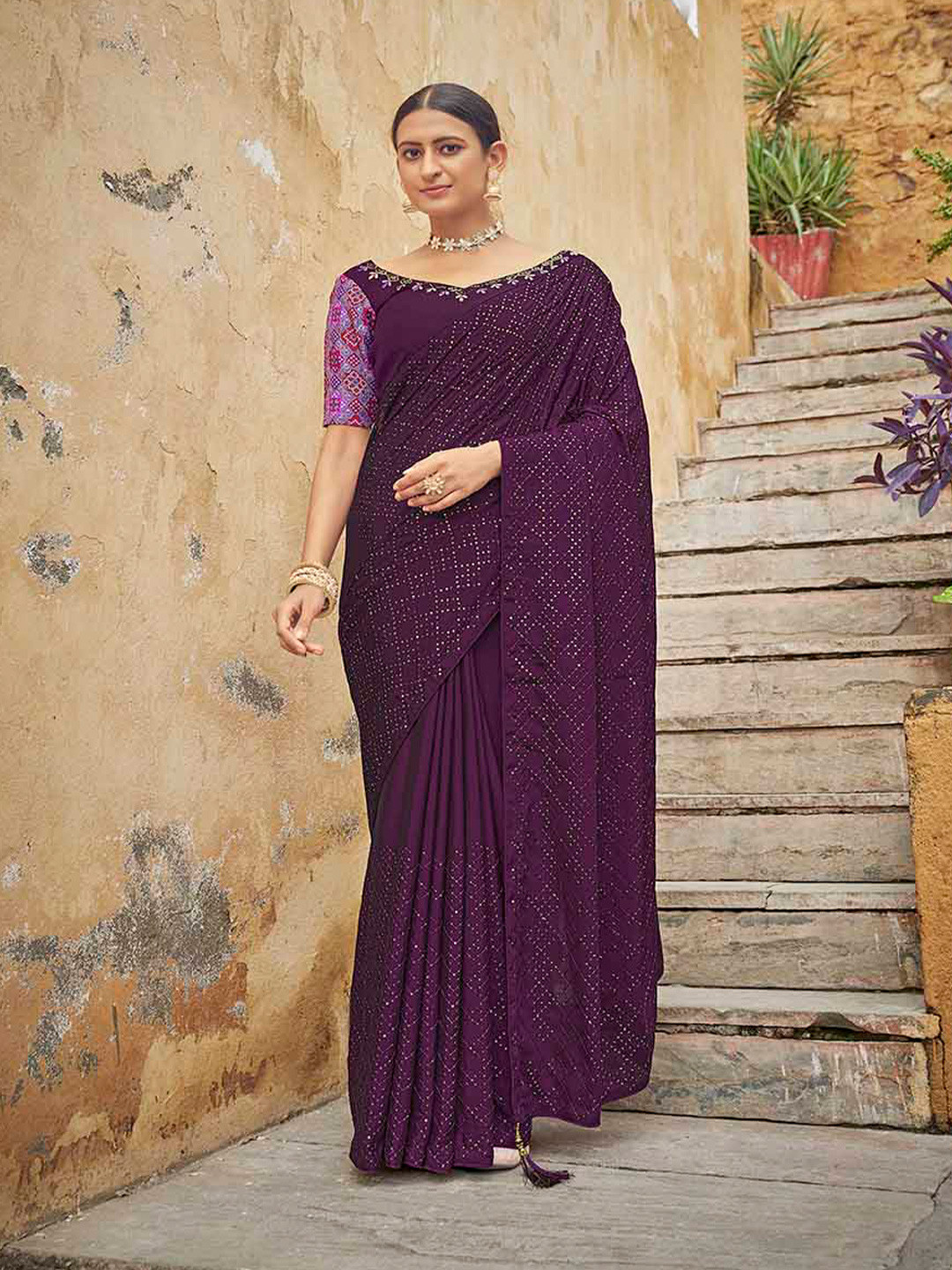 

KALINI Embellished Sequinned Poly Chiffon Saree, Purple