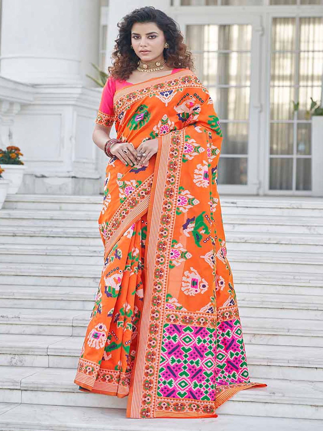 

KALINI Ethnic Motifs Woven Design Zari Art Silk Patola Saree, Orange