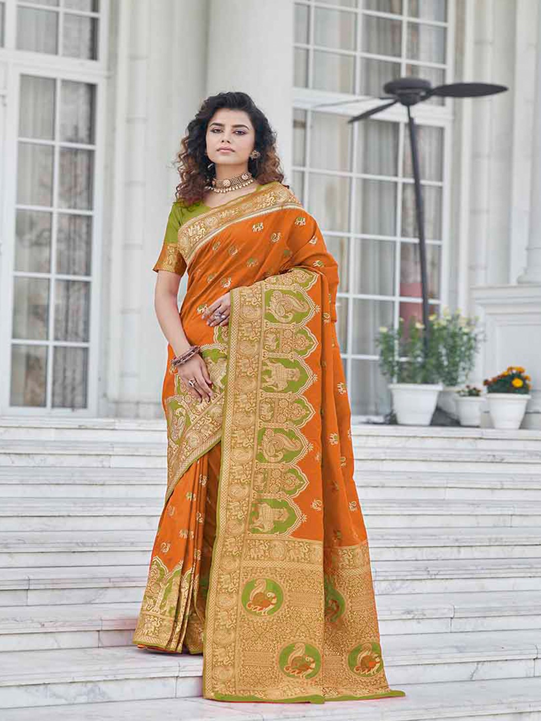 

KALINI EThnic Motifs Woven Design Zari Art Silk Banarasi Saree, Orange