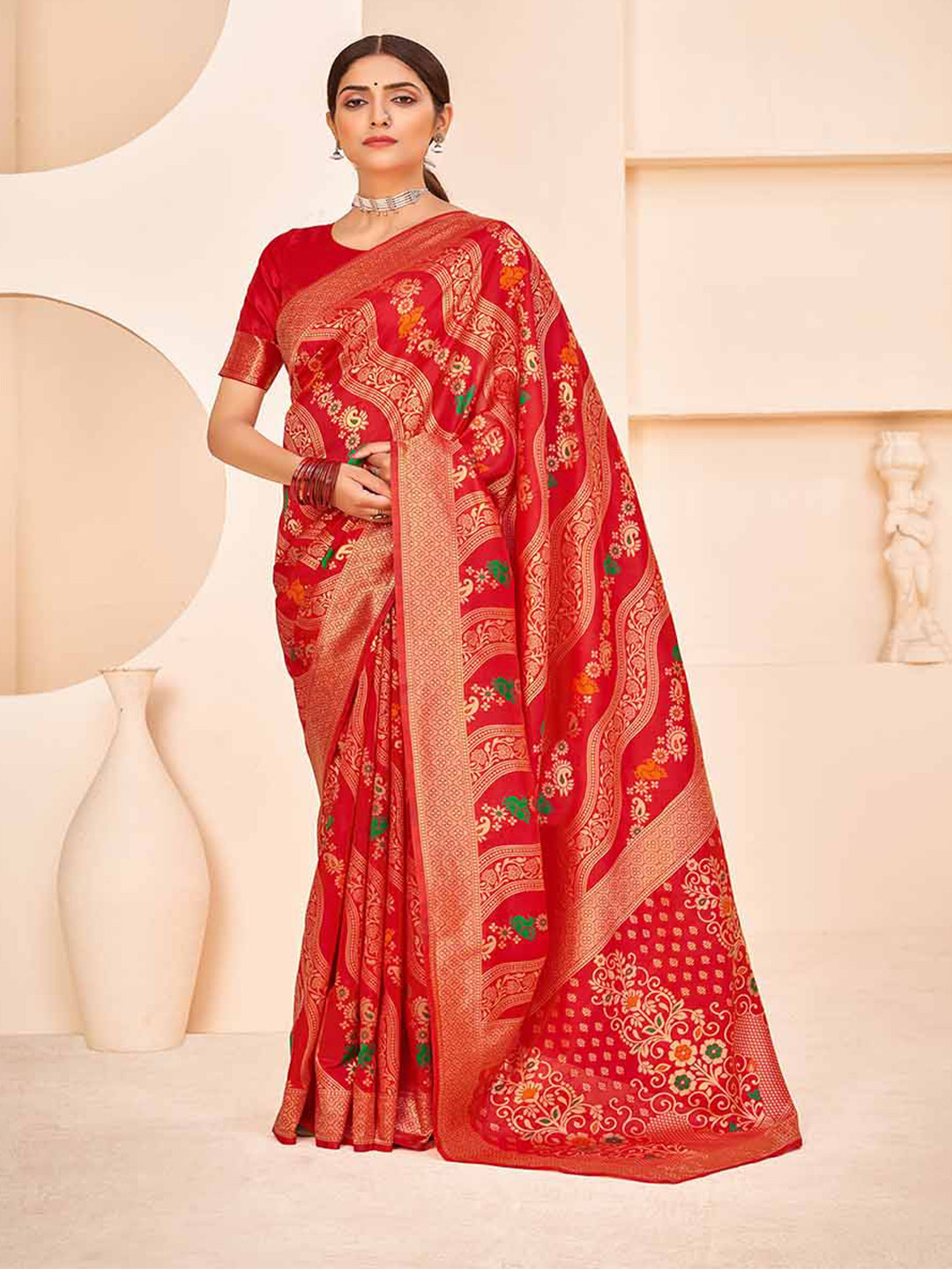 

KALINI Ethnic Motifs Woven Design Zari Art Silk Banarasi Saree, Red