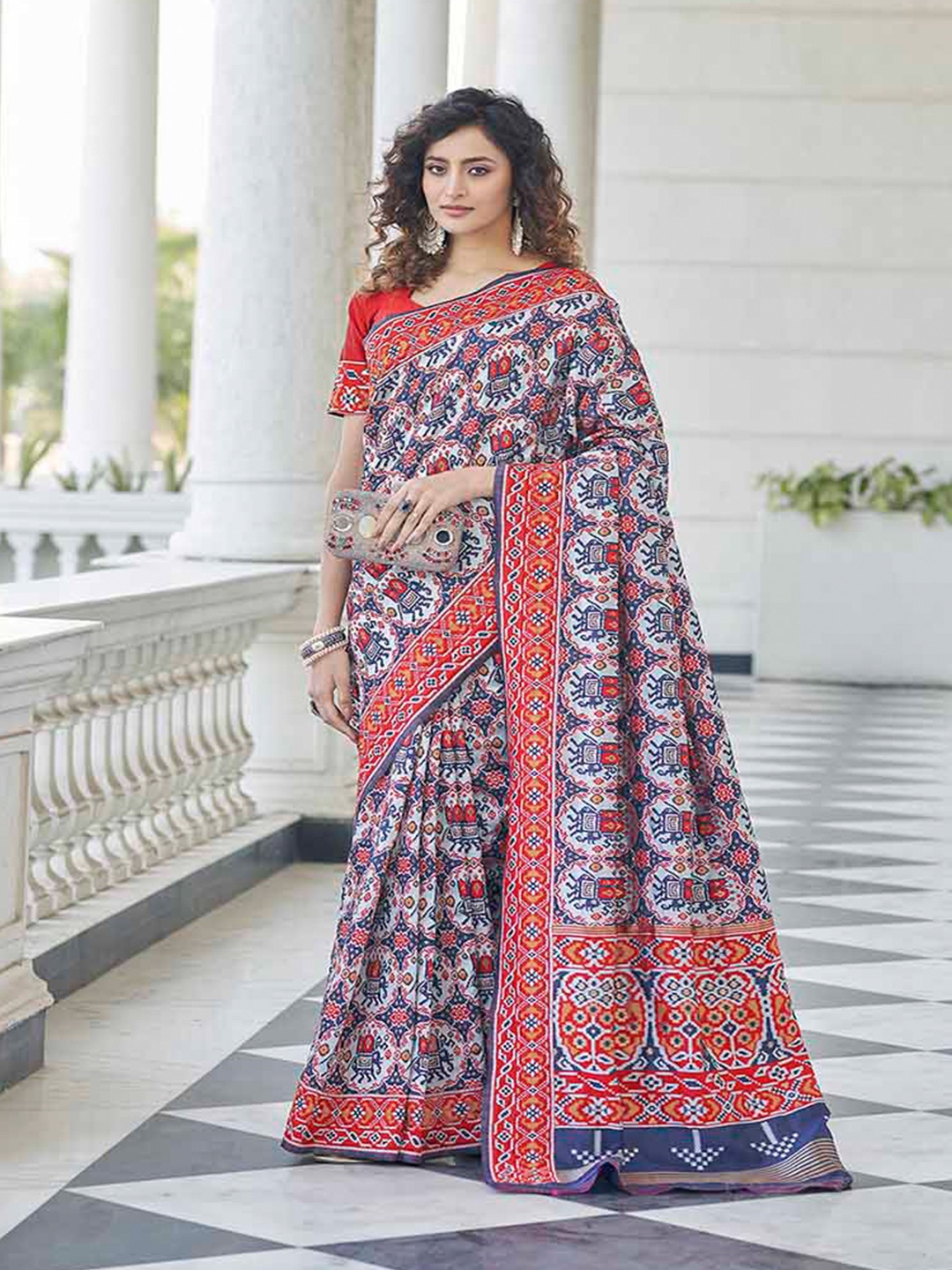 

KALINI Ethnic Motifs Printed Art Silk Patola Saree, Navy blue