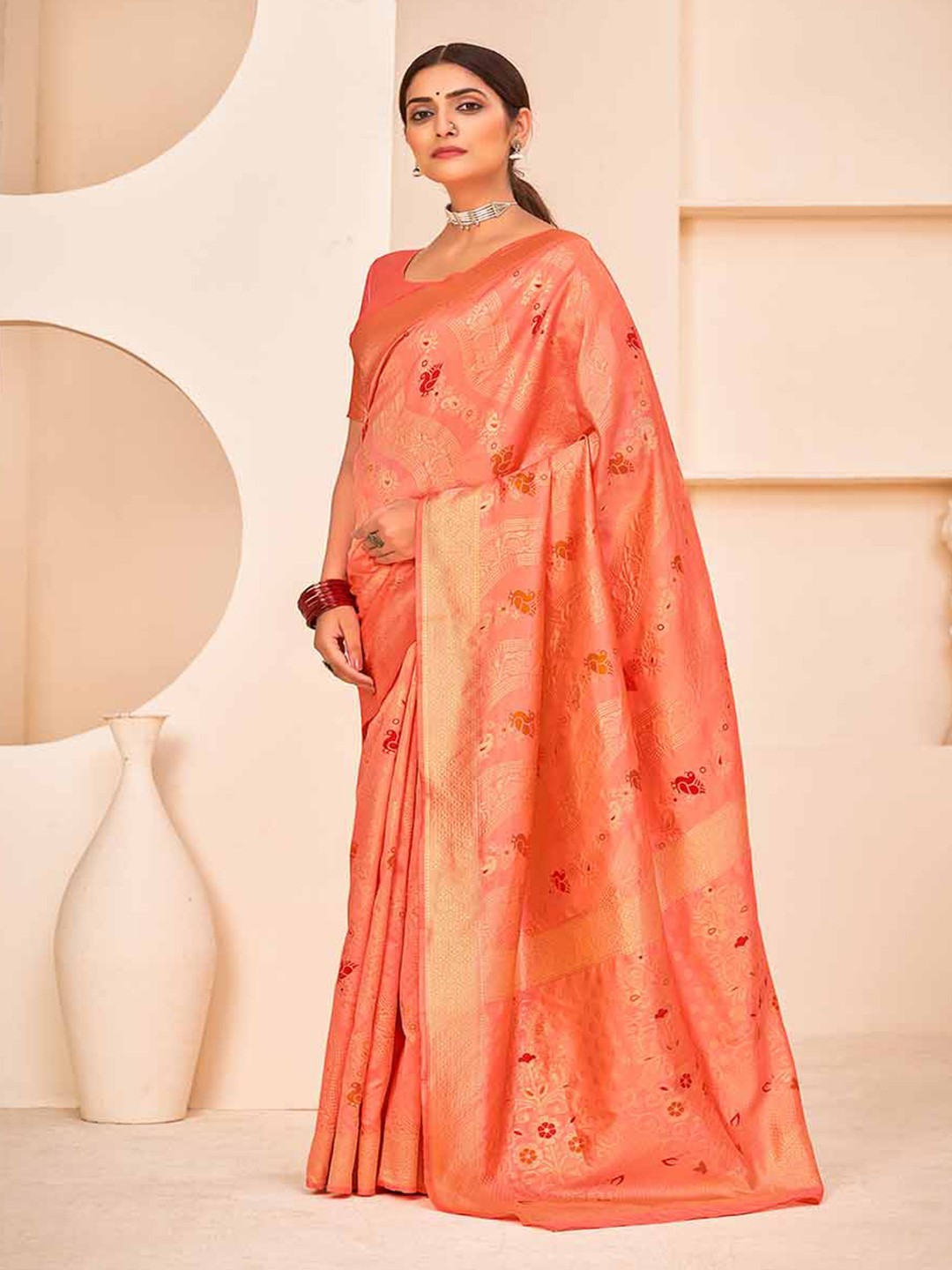 

KALINI Ethnic Motifs Woven Design Zari Banarasi Saree, Peach