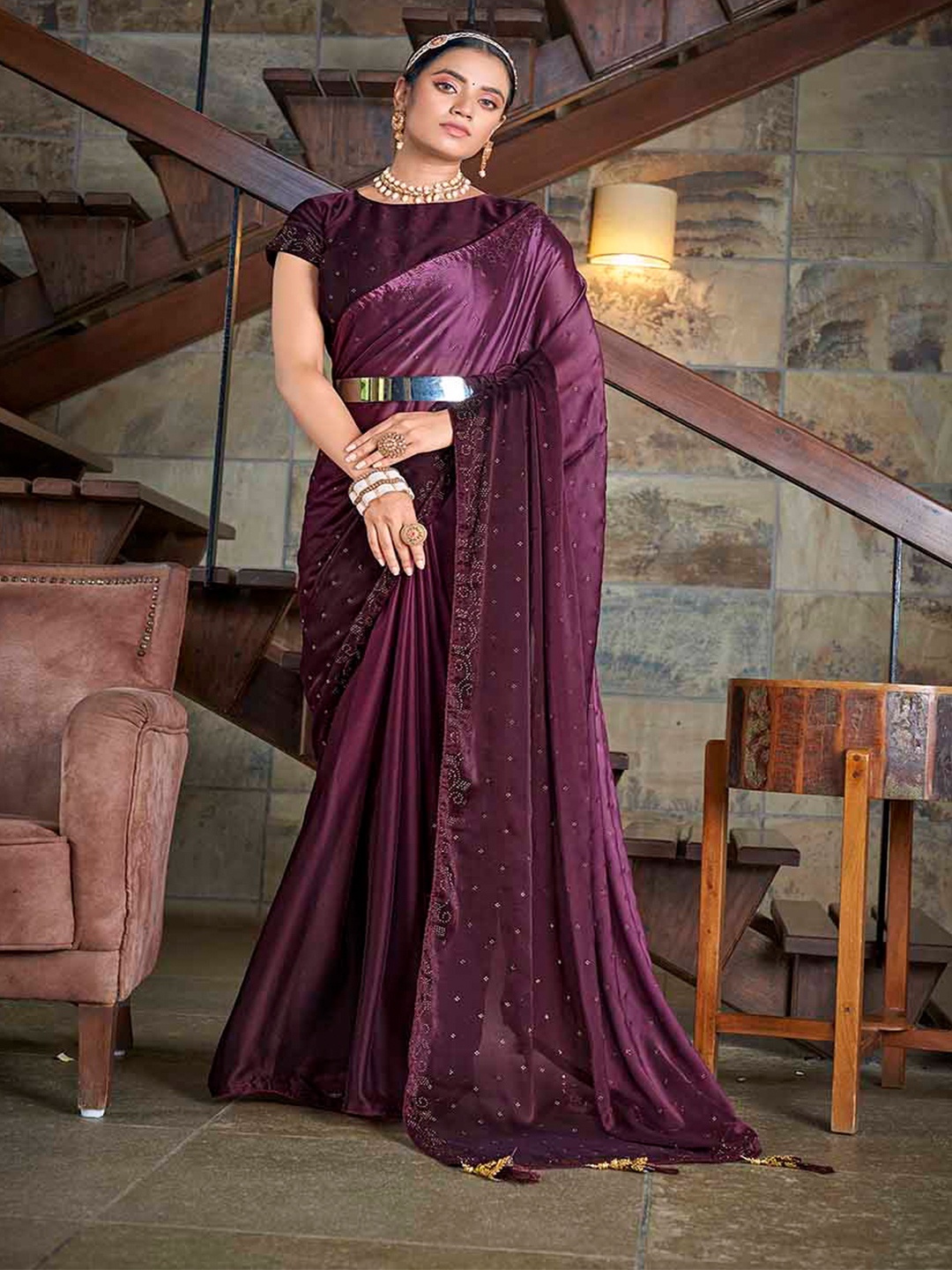 

KALINI Embellished Party Saree, Purple