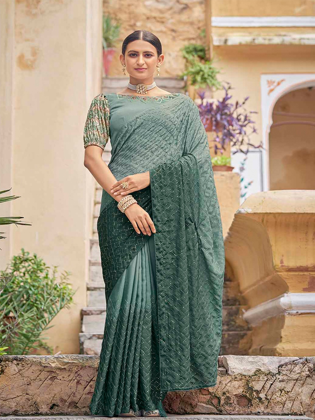 

KALINI Sequin Embellished Saree, Green