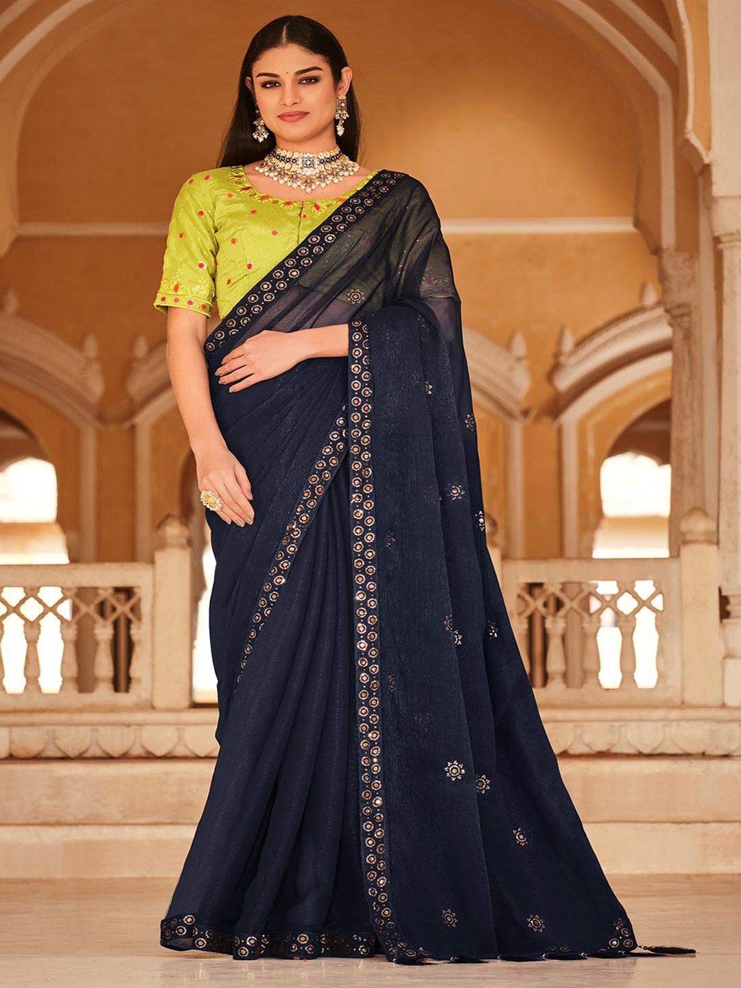 

KALINI Sequin Embellished Saree, Navy blue