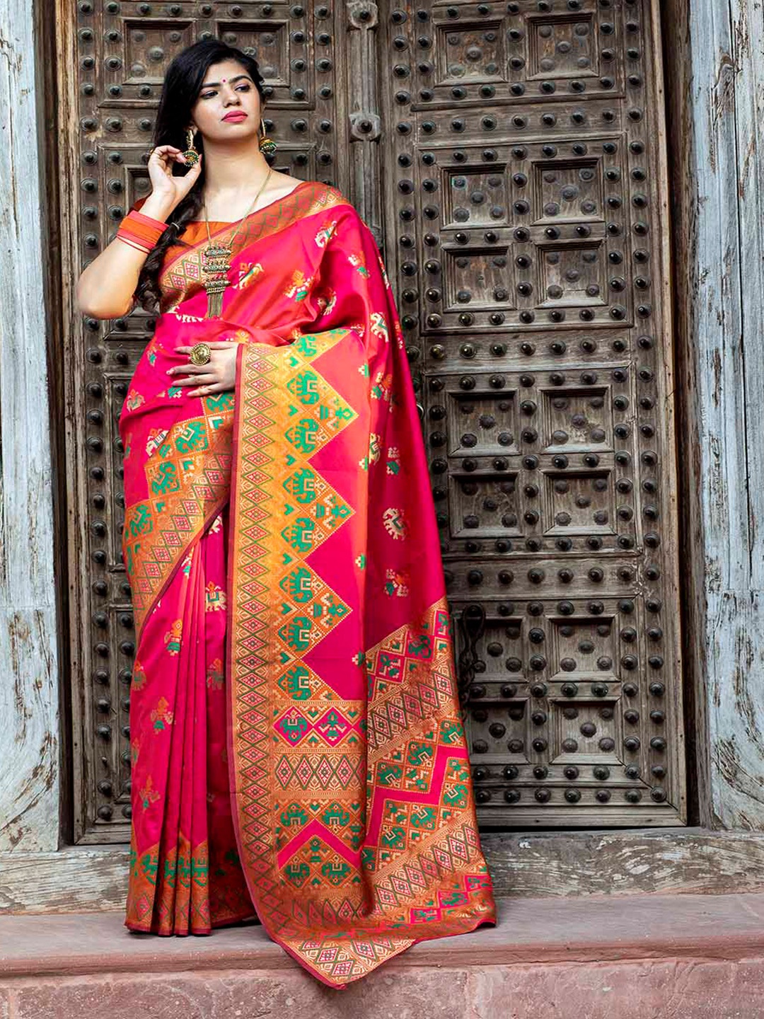 

KALINI Ethnic Motifs Woven Design Zari Art Silk Patola Saree, Pink