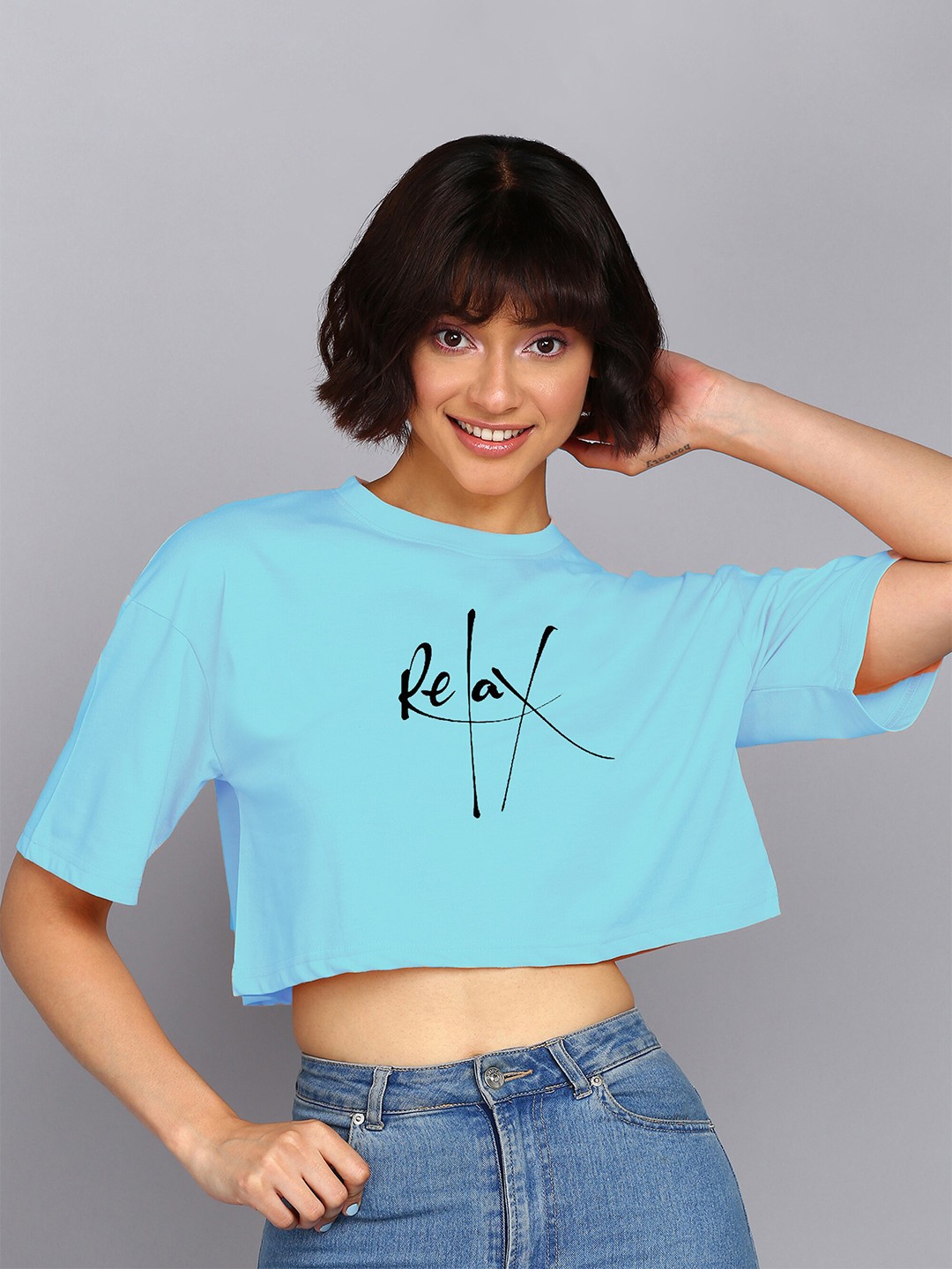 Adyavastram Typography Printed Drop-Shoulder Sleeves Cotton Oversized Crop T-shirt, Blue