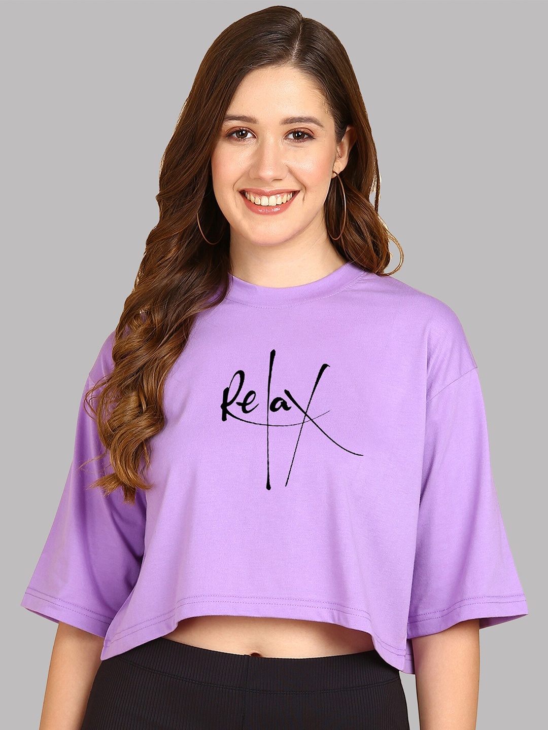 

Adyavastram Typography Printed Drop-Shoulder Sleeves Cotton Oversized Crop T-shirt, Lavender