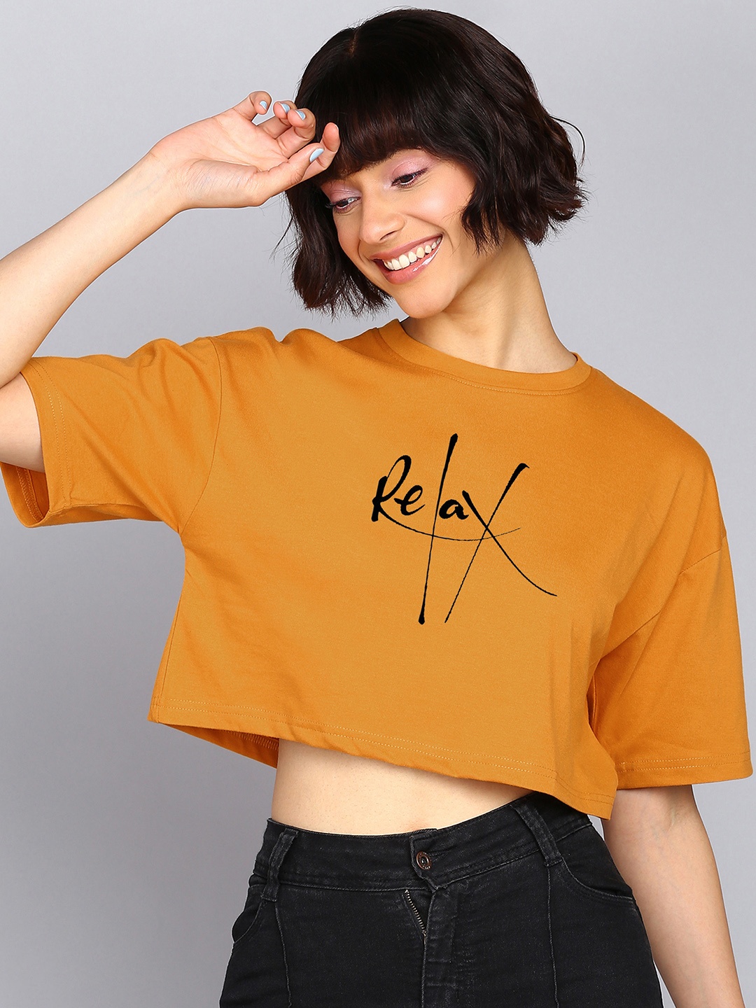 

Adyavastram Typography Printed Drop-Shoulder Sleeves Pure Cotton Oversized Crop T-shirt, Yellow