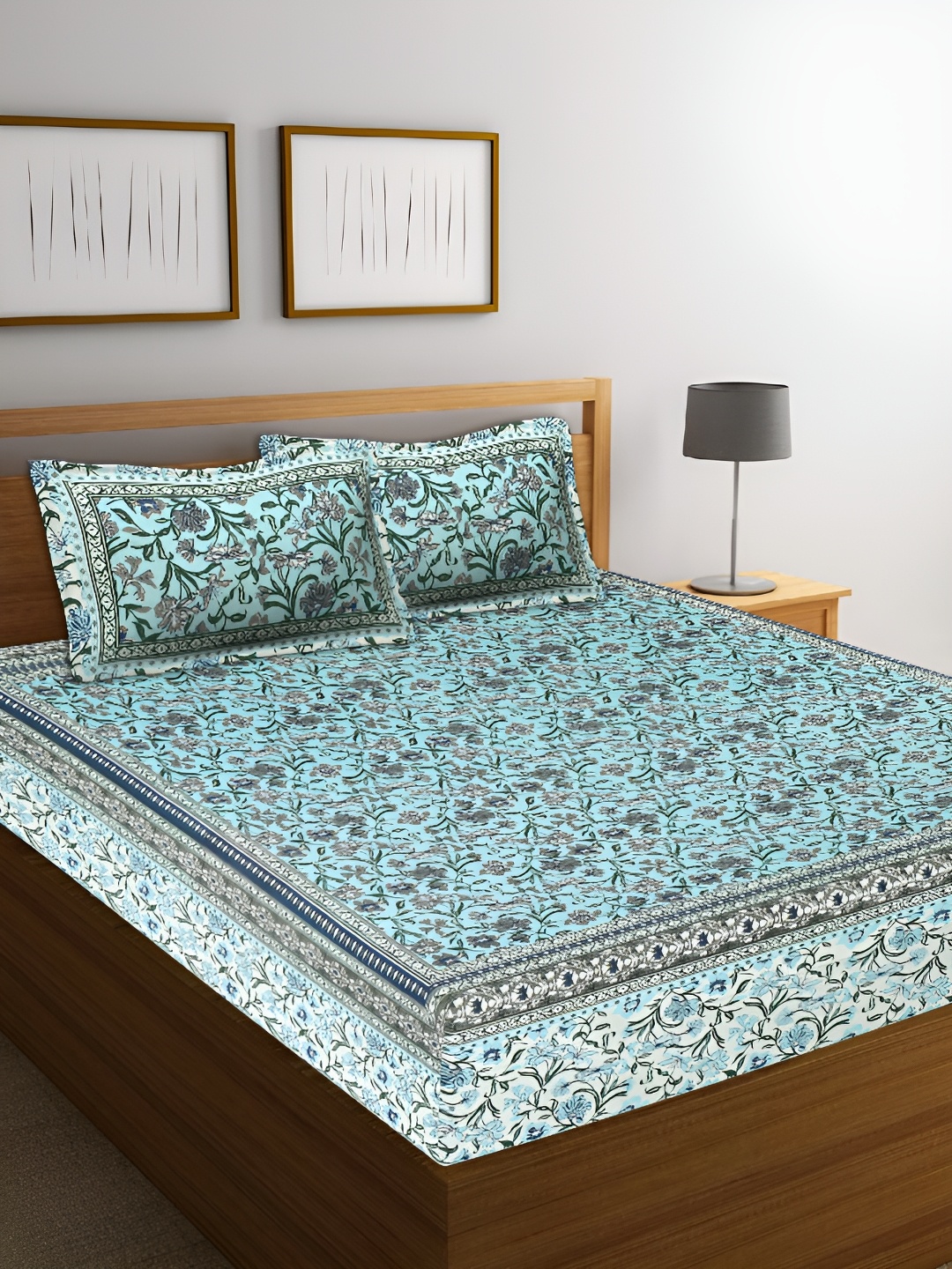 

VANI E Blue & Grey Floral Printed 200 TC King Bedsheet with 2 Pillow Covers