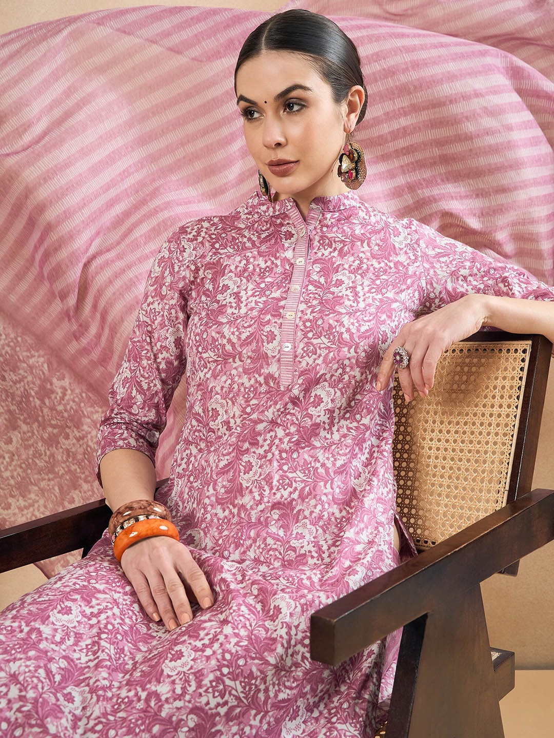 

Anouk Pink Floral Printed Regular Pure Cotton Kurta With Trousers & Dupatta