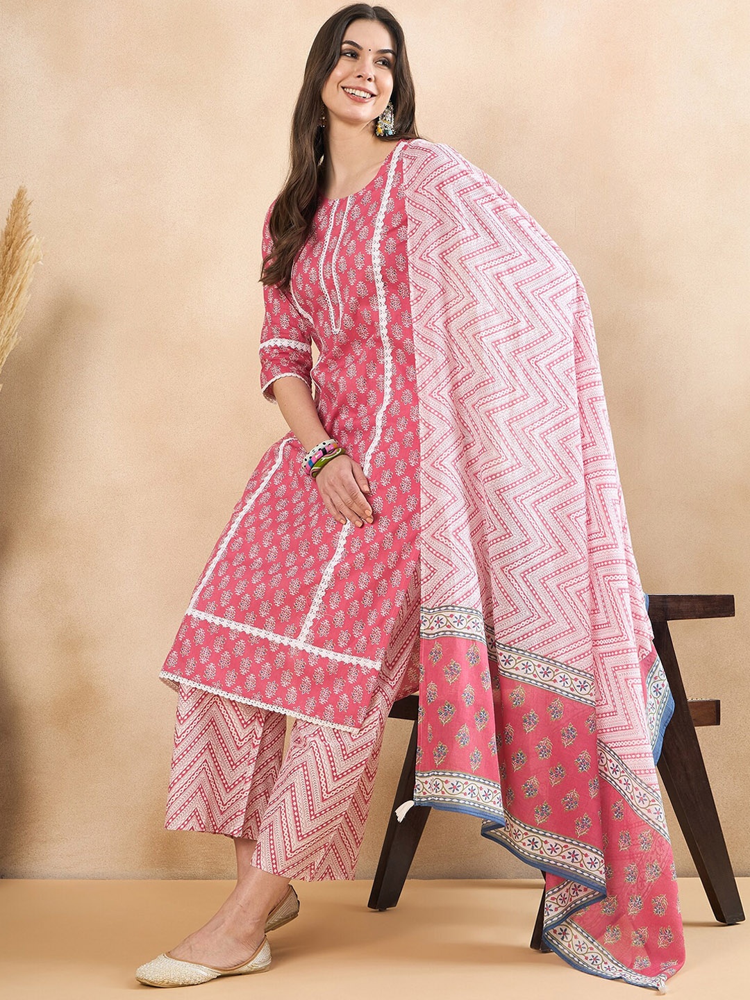 

Anouk Pink Floral Printed Straight Pure Cotton Kurta with Palazzos & Dupatta