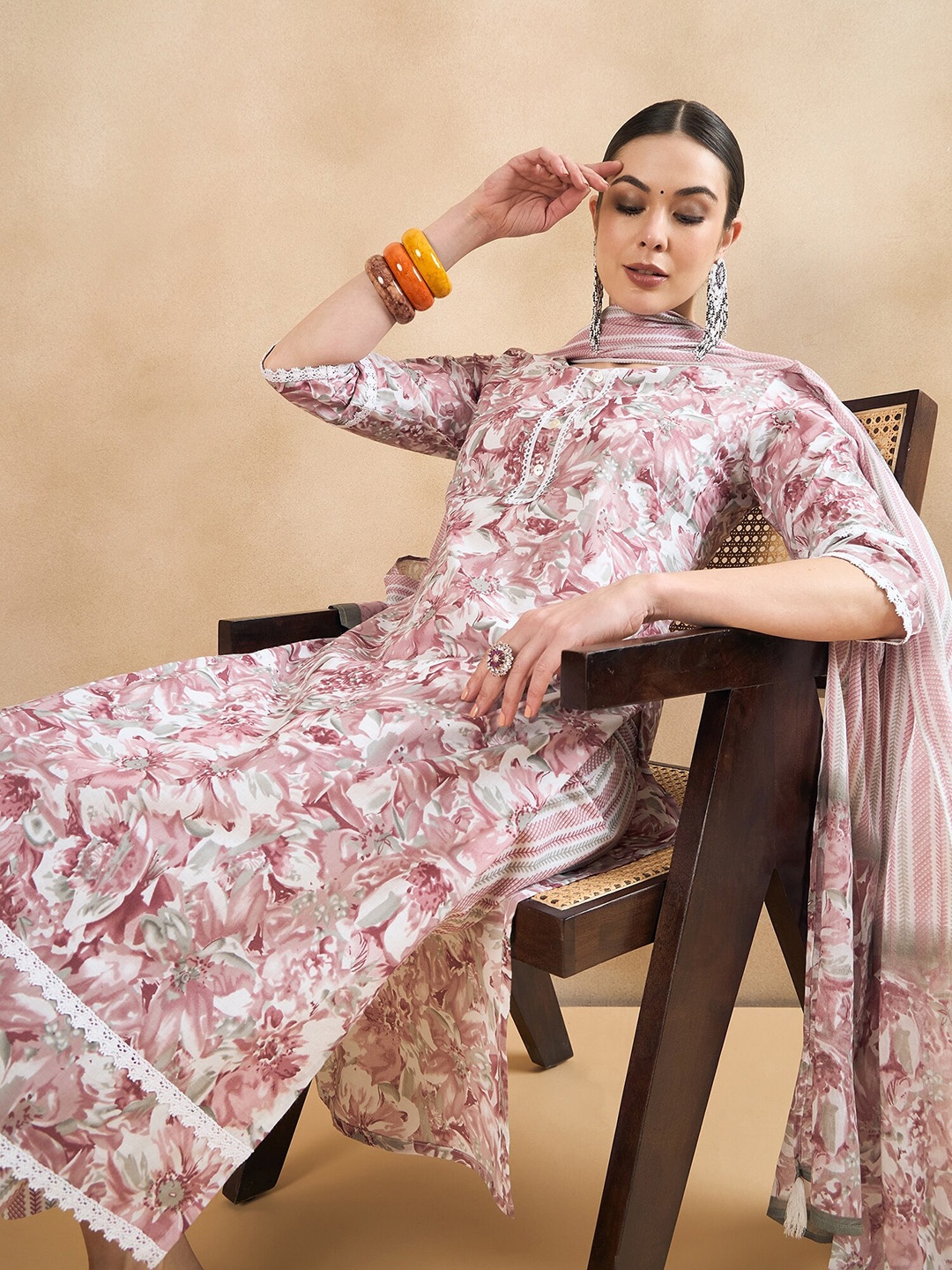

Anouk Mauve Floral Printed Pure Cotton Kurta with Palazzos & Dupatta