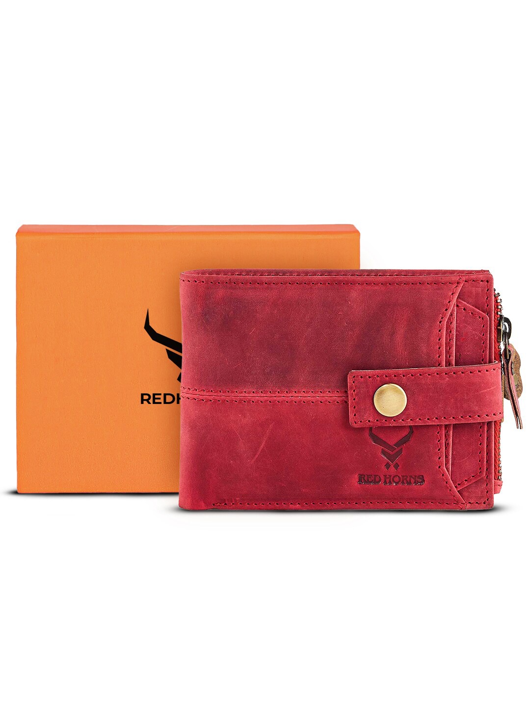 

REDHORNS Men RFID Leather Two Fold Wallet, Red