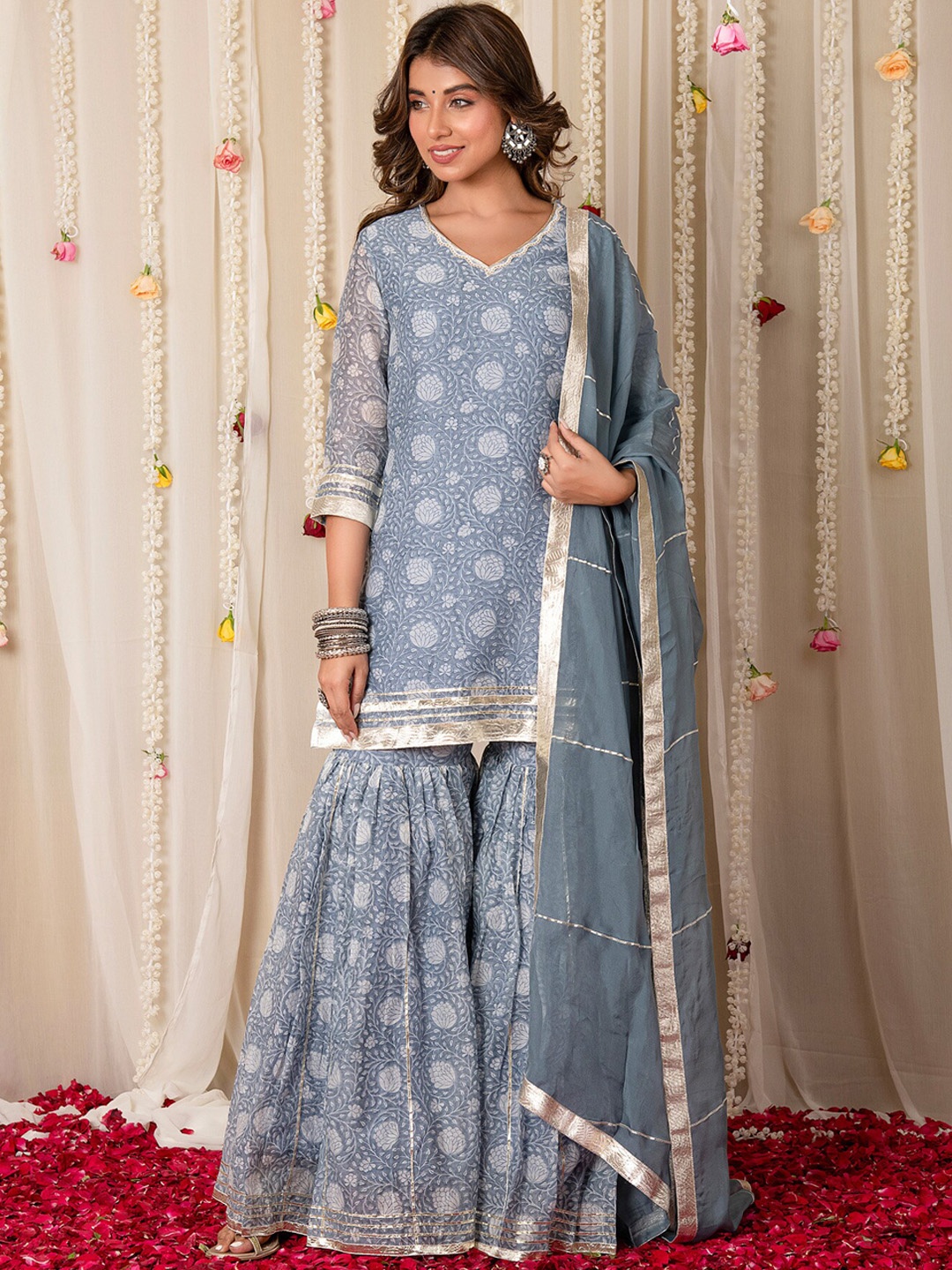 

mulmul.com Women Ethnic Motifs Printed Regular Gotta Patti Chanderi Cotton Kurta with Sharara & With Dupatta, Blue