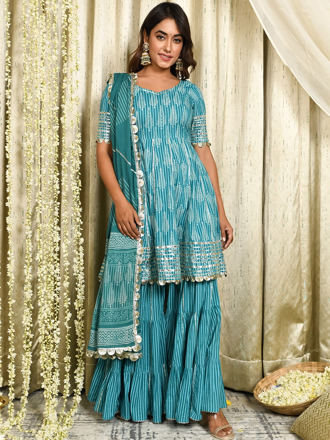 

Mulmul Ethnic Motifs Printed Gotta Patti Pure Cotton Kurta & Sharara With Dupatta, Teal